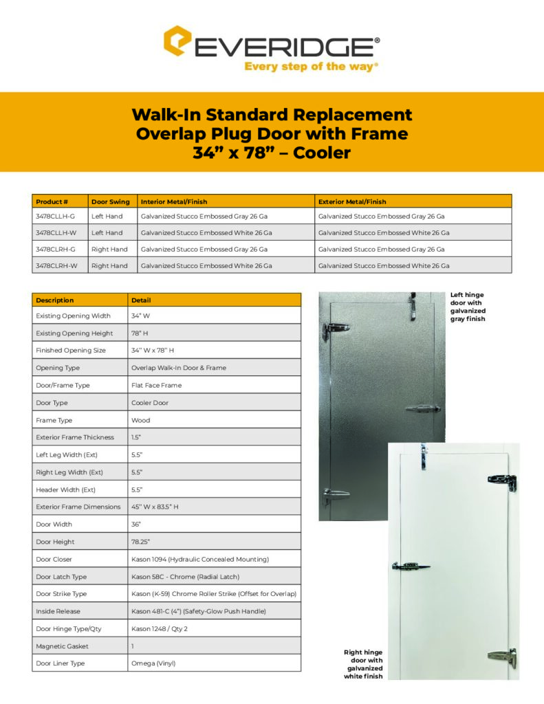 STANDARD WALK-IN REPLACEMENT DOOR SPEC SHEET - 34” X 78” COOLER