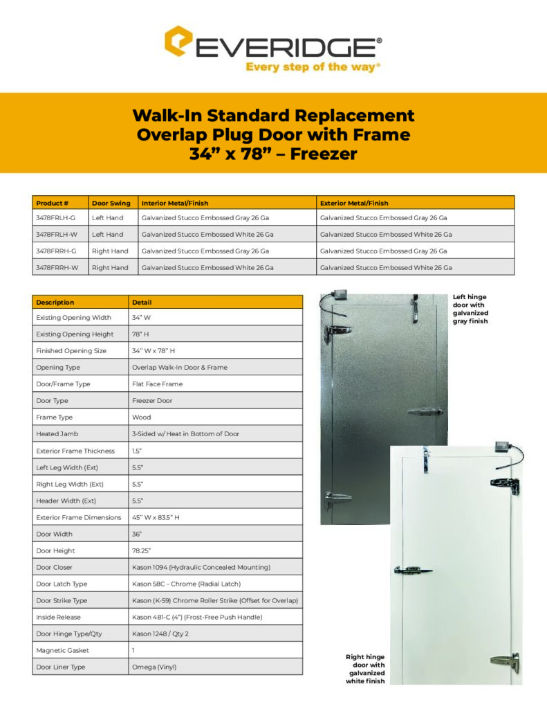 STANDARD WALK-IN REPLACEMENT DOOR SPEC SHEET - 34” X 78” FREEZER