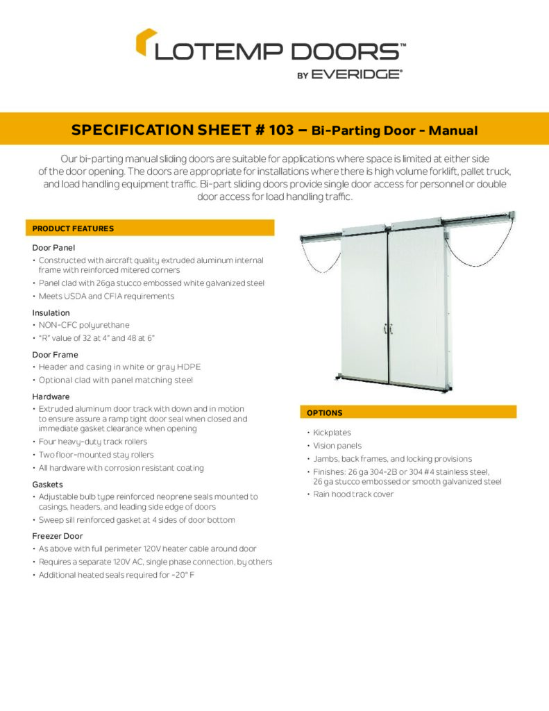 BI-PART SLIDE DOORS - MANUAL DOOR SPECIFICATIONS