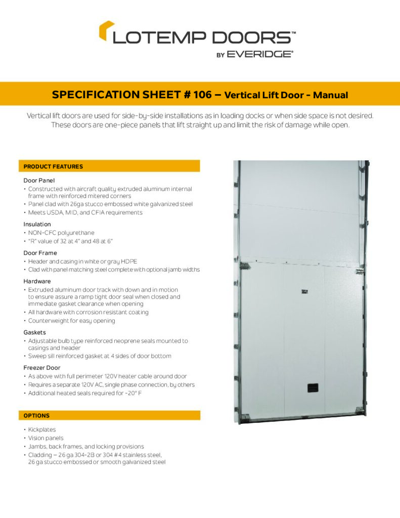 SINGLE VERTICAL LIFT DOOR - MANUAL DOOR SPECIFICATIONS